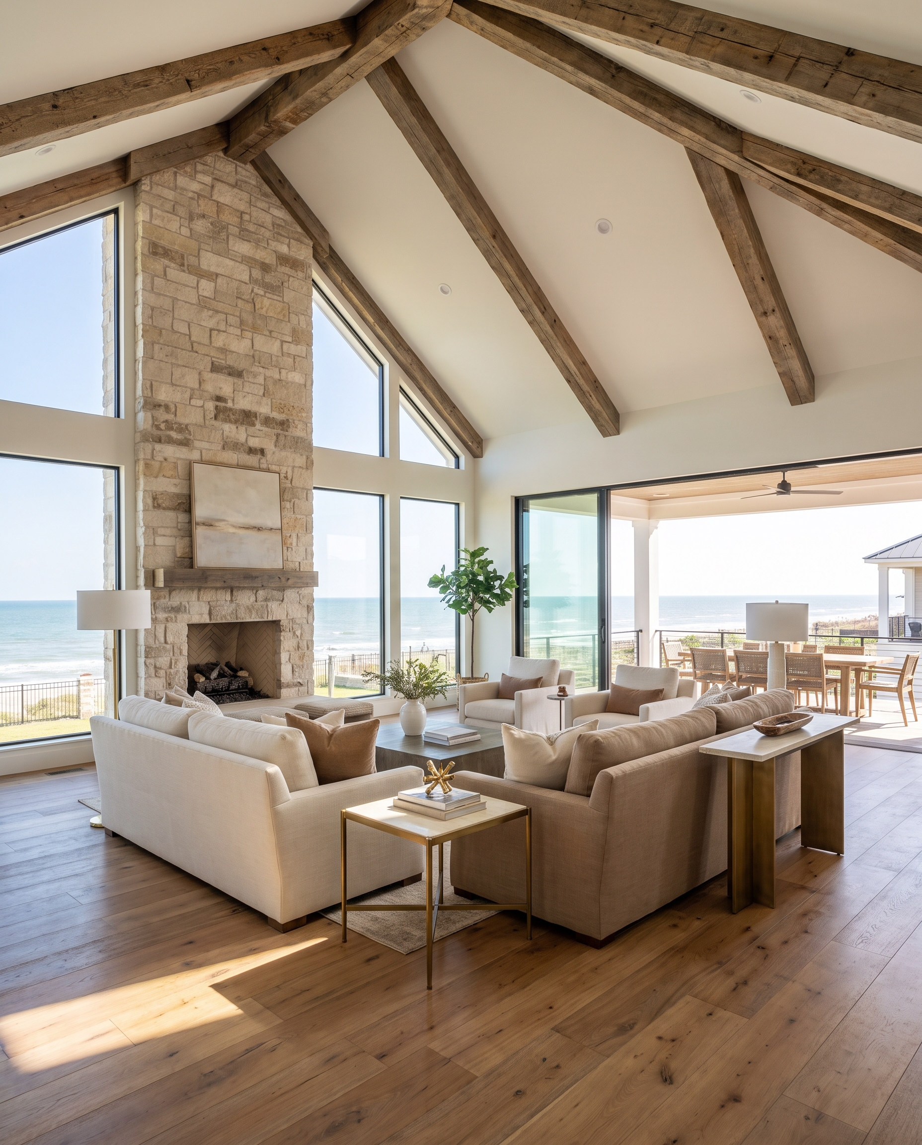 Coastal custom home great room with cathedral ceiling and exposed beams